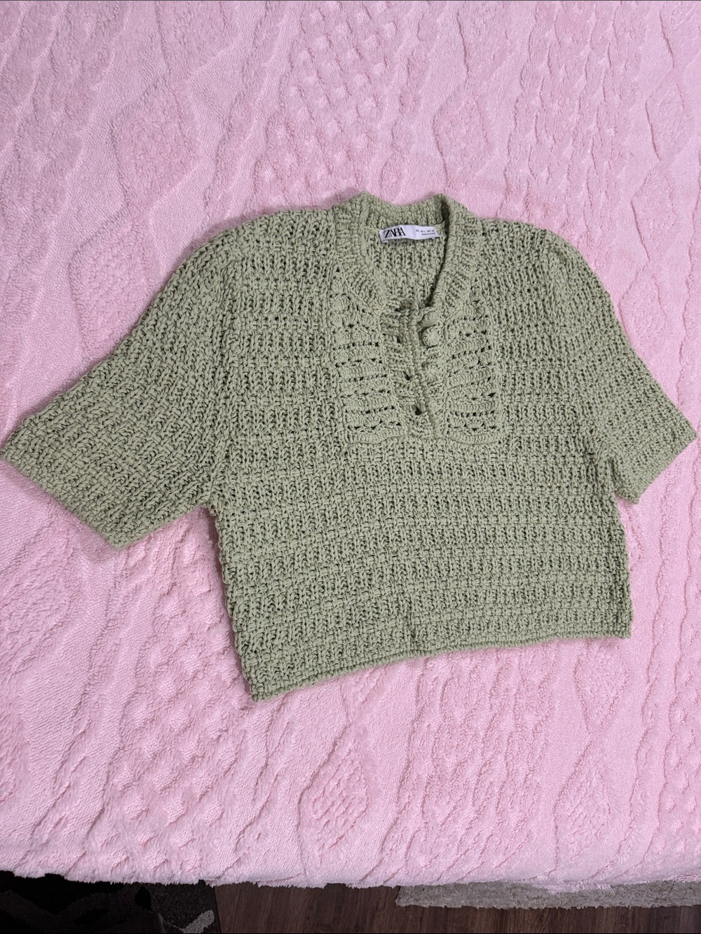 ZARA Sage Green Cropped Crochet Polo Sweater